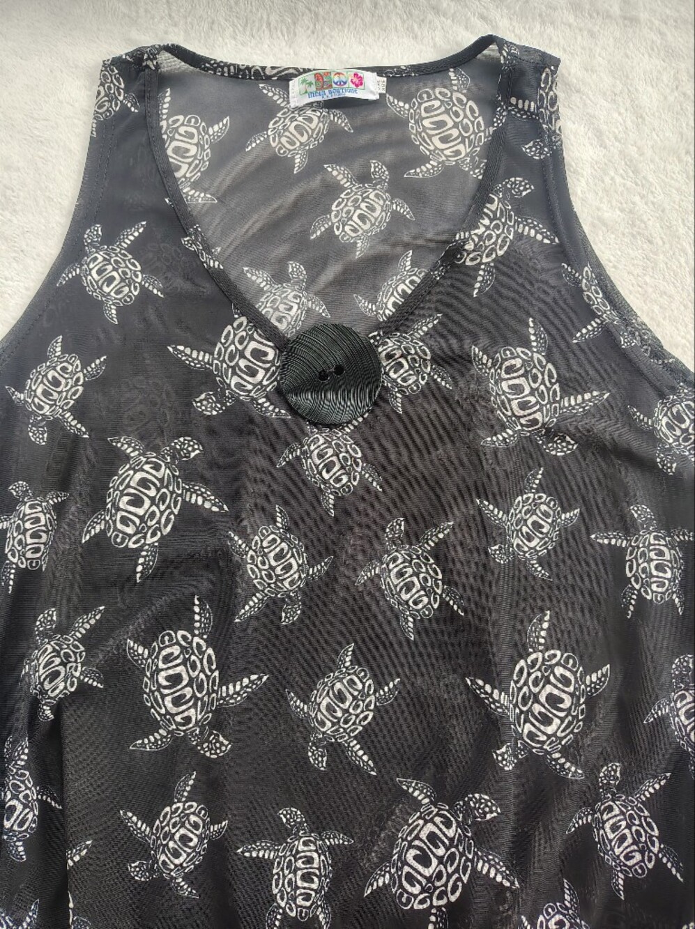 India Boutique Black Sheer Turtle Print Tank with Decorative Button